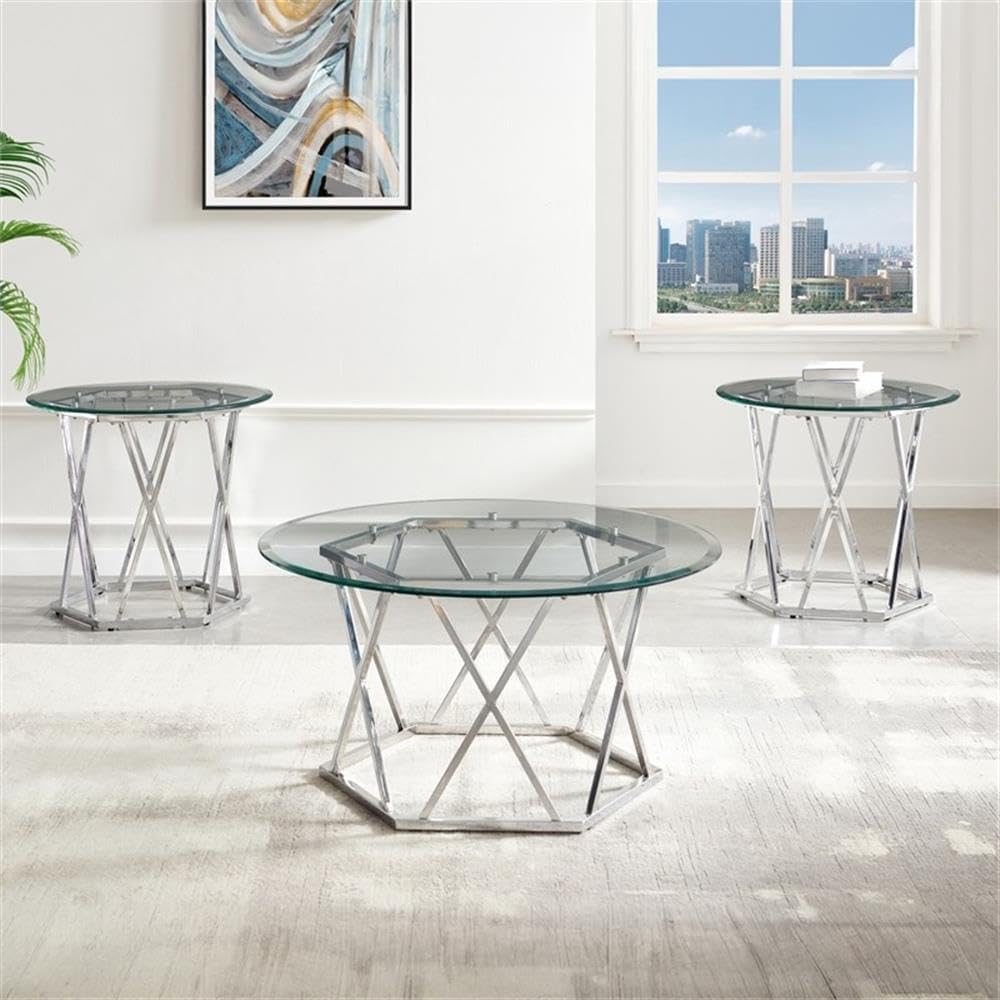 Pemberly Row Round Tempered Glass End Table, 26 in Width, Silver Chrome Finish, Iron Base with Hexagonal Design, Modern Accent Table for Living Room or Bedroom Use