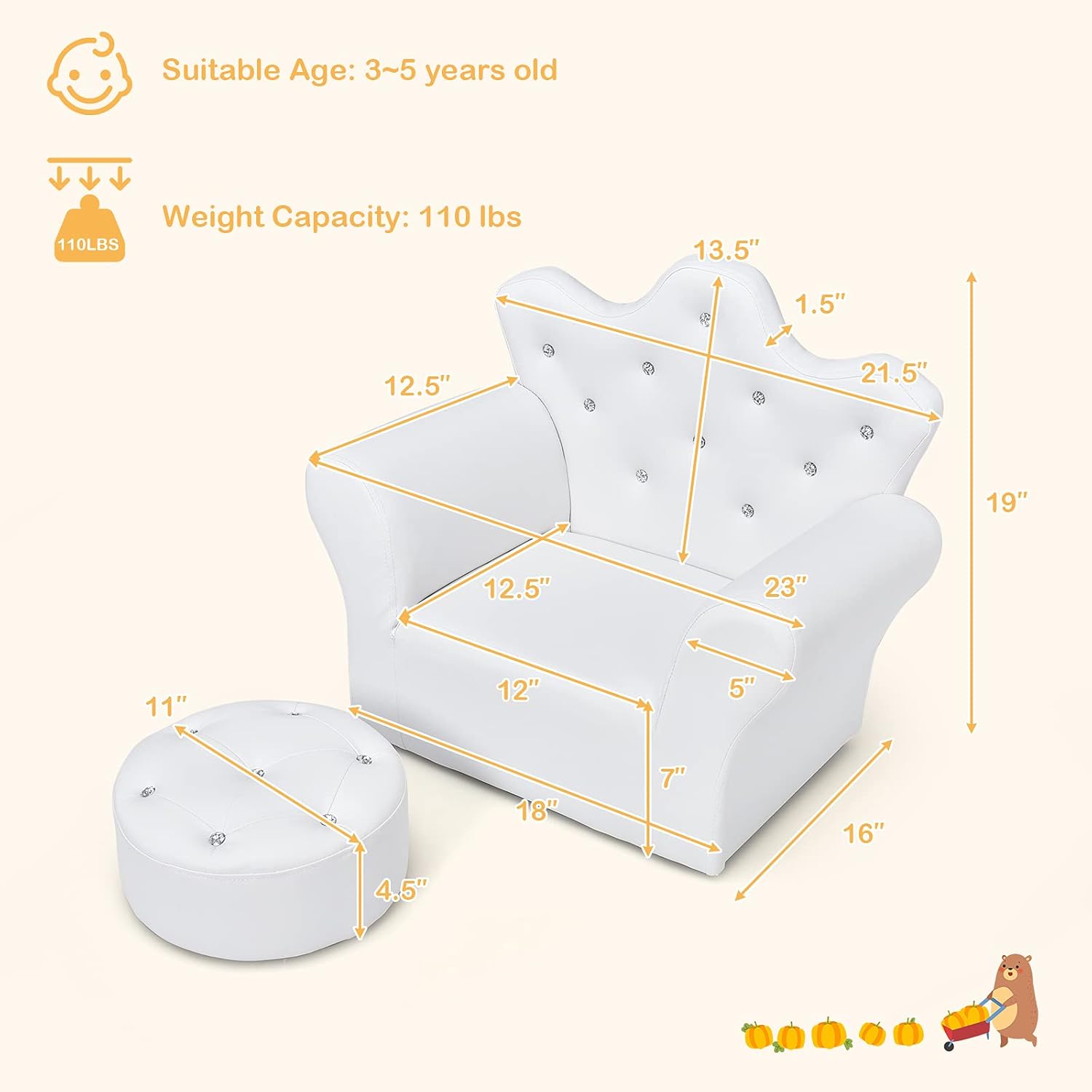GLACER Kids Sofa with Ottoman, Kids White Couch with Embedded Crystal & PVC Leather, Upholstered Child’s Crown-Back Armchair, Baby Sofa Chair Seat Furniture, Princess Chair for Toddler Girls(White)