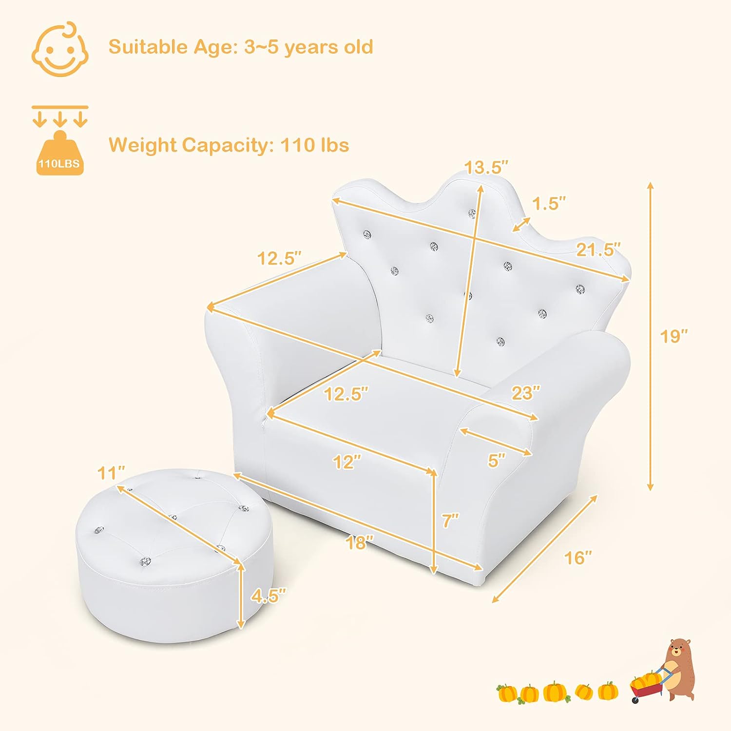 DREAMADE Kids Sofa with Ottoman, Crown-Like Kids Couch w/Comfy Armrests, Sturdy Wood Structure, PVC Leather Surface & Crystal Decoration, Toddler Chair with Footstool, Ideal for Princess 3-5 (White)