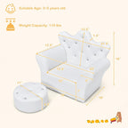 MAT EXPERT Toddler Couch with Ottoman, Kids Royal Sofa Couch with Smooth PVC Leather, Crown Shape & Diamond Buckle Decoration, Upholstered Kids Sofa, Ideal for Boys & Girls Age 3-5 (White)
