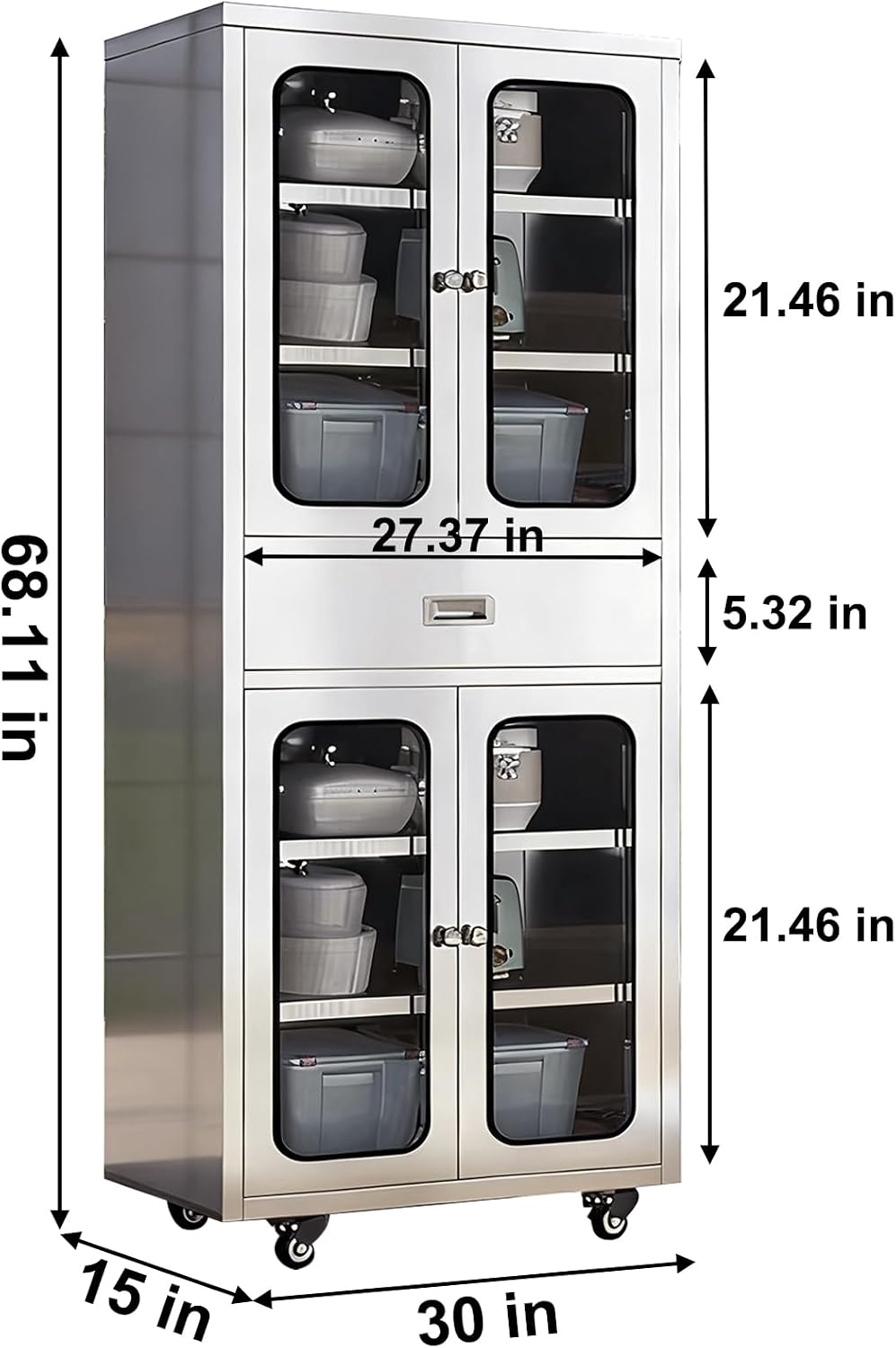 68" Full-Assembled Stainless Steel Cabinet with 1 Drawer and Glass Doors, 6-Tier Rolling Kitchen Pantry Storage Cabinet with Wheels for Garage, Warehouse, Utility Room, Laundry Room, Restaurant, Cafe