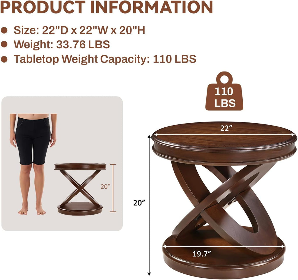 Round End Table 22 Inch with Solid Wood Veneer, Vintage Small Side Tables with Round Base, X-Design Accent Table Decor for Living Room/Small Space/Bedroom, Walnut