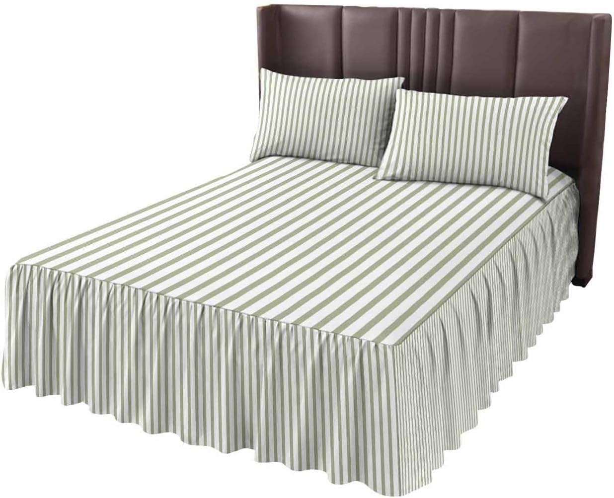 Ruffle Skirt Bedspread for King Size Bed Farmhouse Sage Green Stripe 3 Piece Bedding Cover with Pillow Sham,18In Drop Bedskirt Coverlet for Bedroom Dorm Modern Vertical Line