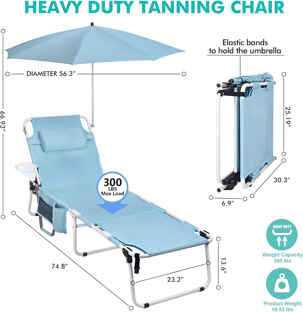 Tanning Chair with Umbrella UPF 50+ Adjustable, Heavy Duty Folding Chaise Lounge Outdoor, Lay Flat 5-Position Recliner for Sun Outside Sunbathing Reading Beach Pool Lawn, 300LBS