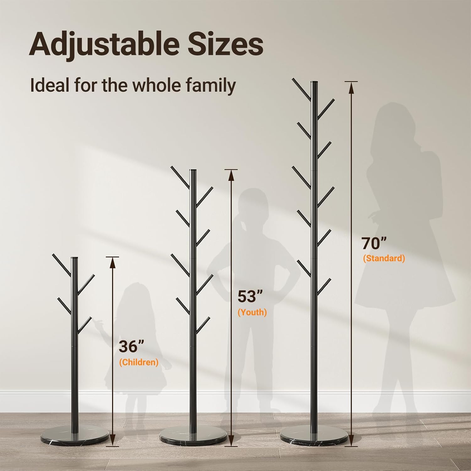 ELYKEN Coat Rack Freestanding with Natural Marble Base, Metal Coat Rack Stand with 10 Hooks, 3 Adjustable Size Coat Tree for Bags, Clothes, and Hats for Entryway, Bedroom, Hallway, Office, Black