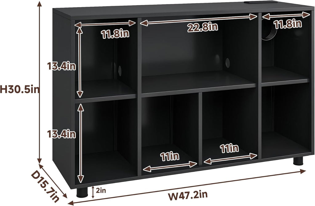 Record Player Stand with Charging Station, Black | Vinyl Record Storage Cabinet, Holds Up to 500+ Albums, Turntable Stand with Large Tabletop for Living Room Music Room Studio