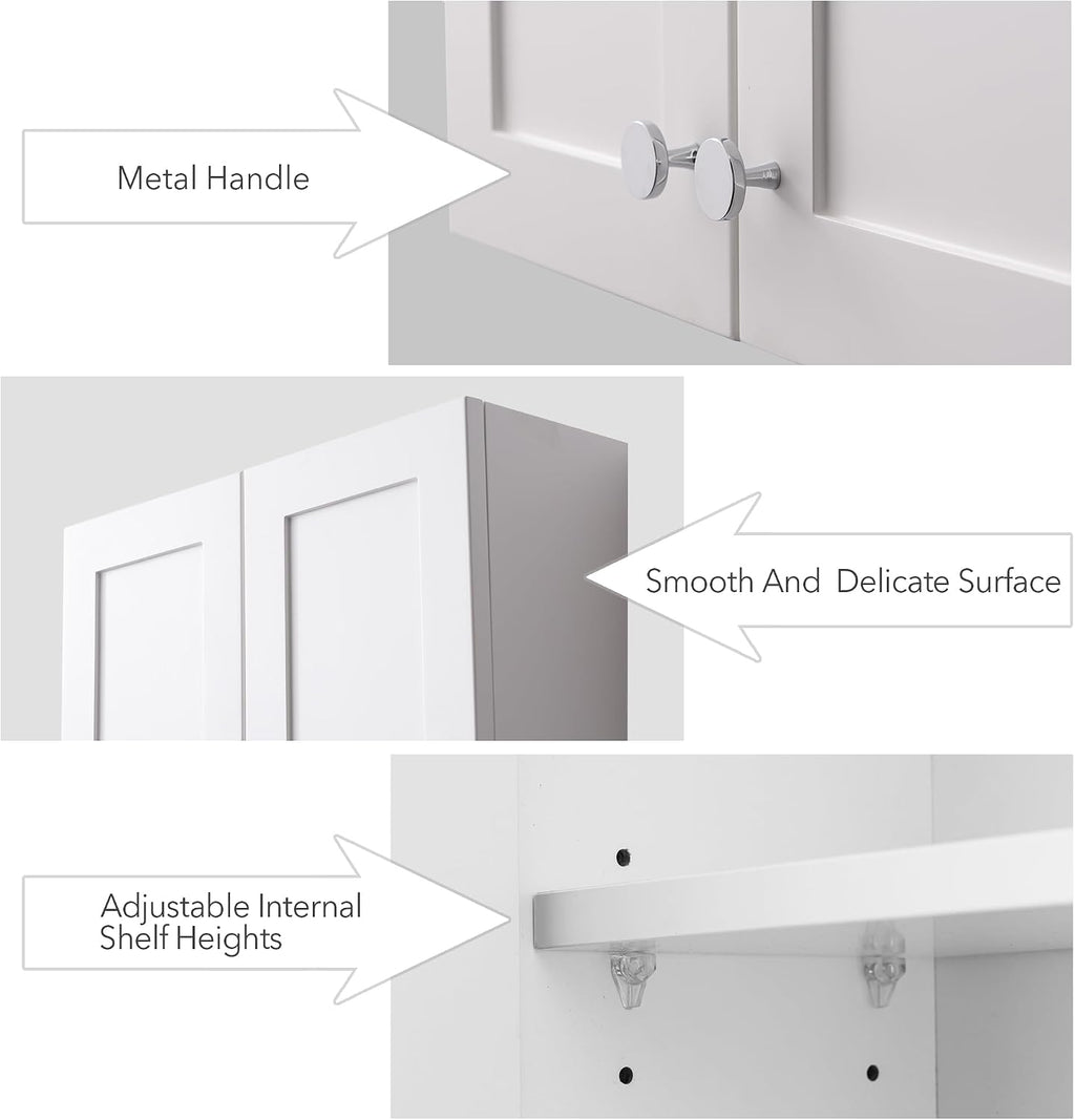 VANIRROR White Wall Mount Cabinet, MDF Over the Toilet Storage Cabinet with Adjustable Shelves, Space Saver 2 Door Medicine Cabinet for Bathroom Laundry Kitchen, 19x 27in, No Paint Odor