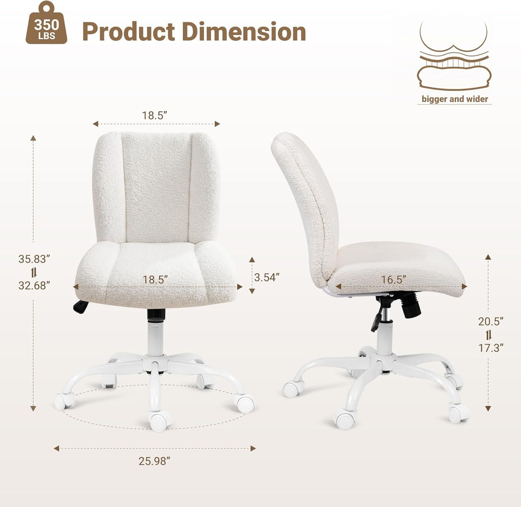 Vanity Chair with Wheels, Armless Office Chair Height Adjustable, Cute Desk Chair with Soft Lumbar Support for Small Space, Bedroom, Make-up Room, White