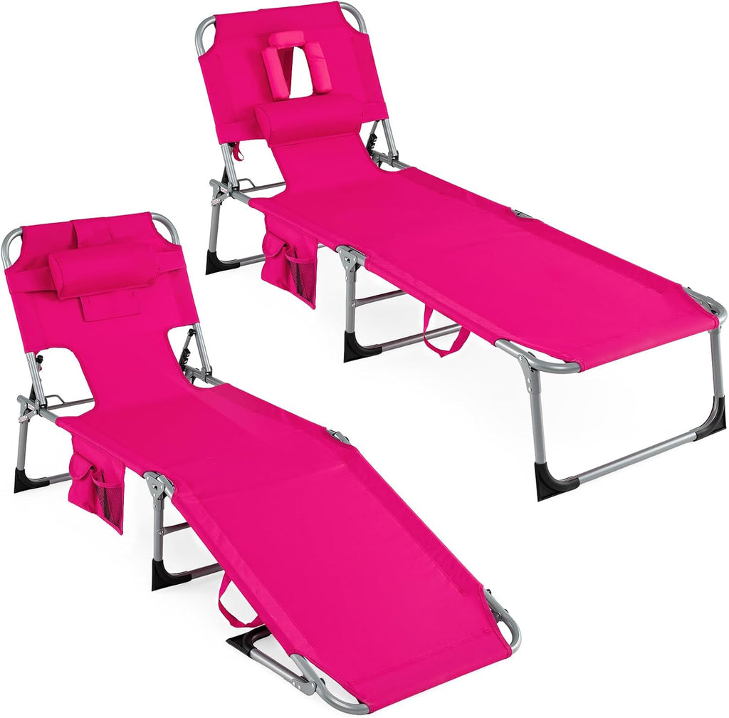 Giantex Face Down Tanning Chair, Folding Beach Lounge Chair w/ 4-Position Adjustable Backrest, Outdoor Sunbathing Lounge Chair w/Face Arm Holes & Storage Pocket for Patio Deck Poolside (2, Pink)
