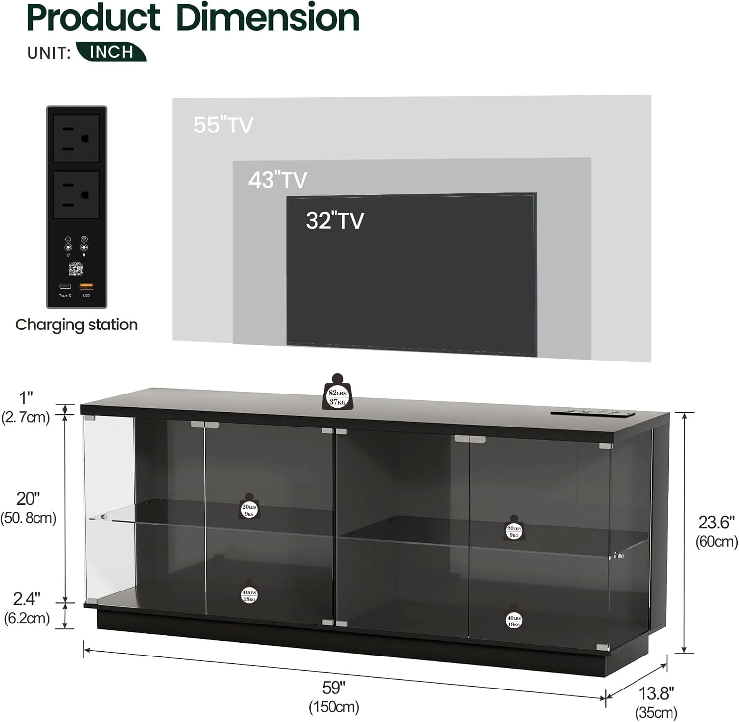 Lvifur 59" W Large Display Case - with Glass Door,Glass Display Cabinet with RGB Lights for Collectibles,Lighted Cuiro Cabinet with Motion Sensor Light,Charging Station,China Cabinets,Black