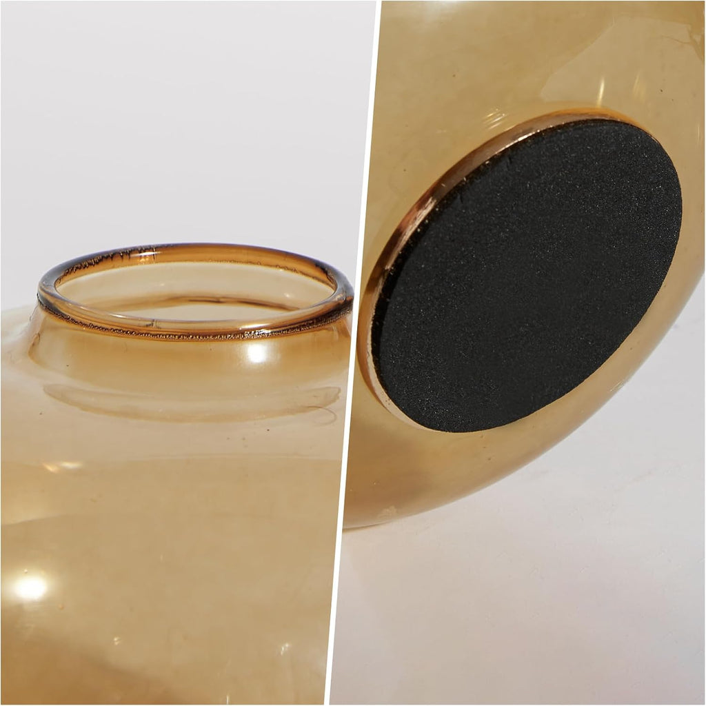 DN DECONATION Amber Bud Vases Set of 2, Small Round Brown Glass Flower Vases with Gold Non-Slip Base for Centerpieces Dining Table Decor Bookshelf Bedside Table Housewarming Gift Tulip Fall