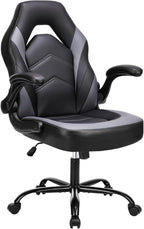 Ergonomic Computer Game Desk Chair - PU Leather Lumbar Support, Height Adjustable High Back Video Game with Flip-up Armrest, Rolling Swivel for Adults, Deep Grey