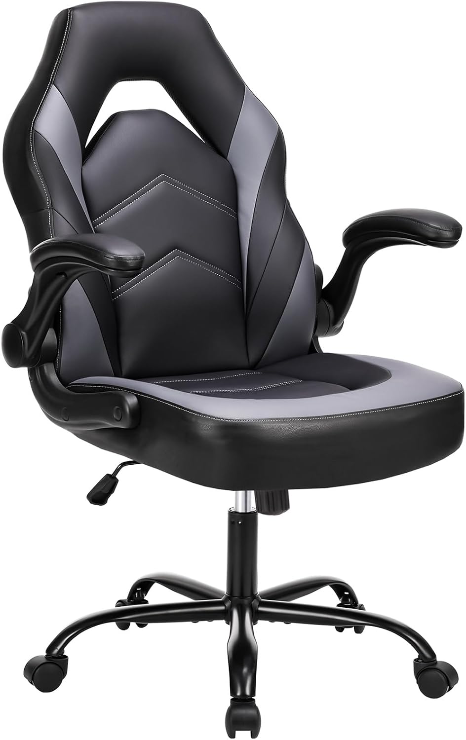 Ergonomic Computer Game Desk Chair - PU Leather Lumbar Support, Height Adjustable High Back Video Game with Flip-up Armrest, Rolling Swivel for Adults, Deep Grey