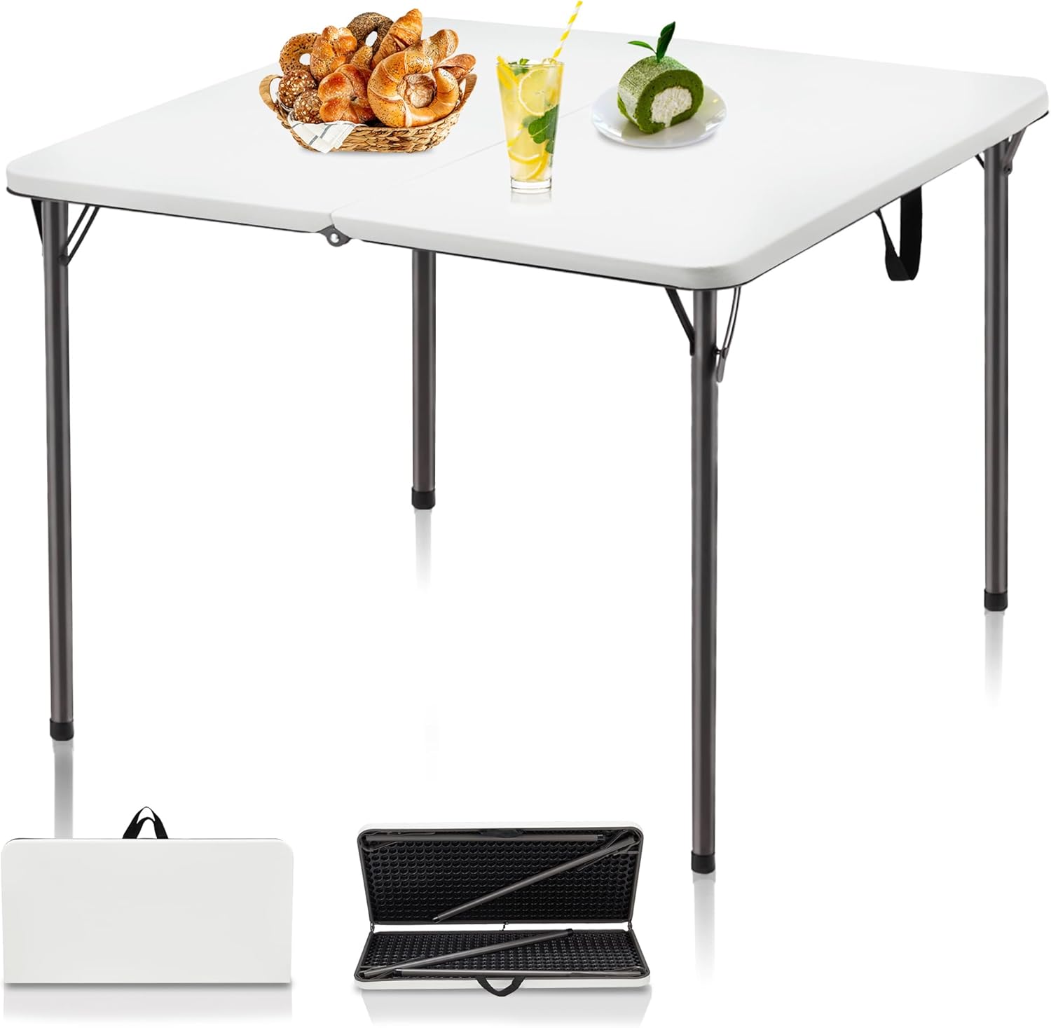 Kasunpul 34" Folding Table, Portable Square Folding Card Table with Collapsible Legs & Carrying Handle, Plastic Tables for Camping,Picnic, Office, Party, White