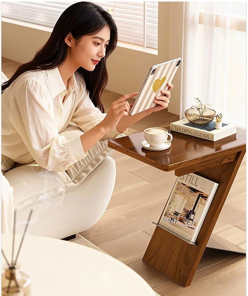 Solid Wood Sofa Side Table, Creative Bedroom Bedside Table Vintage Living Room Accent End Tables TV Tray Tabletop, Narrow Couch Side Tables for Small Space(Black,Steel Legs)
