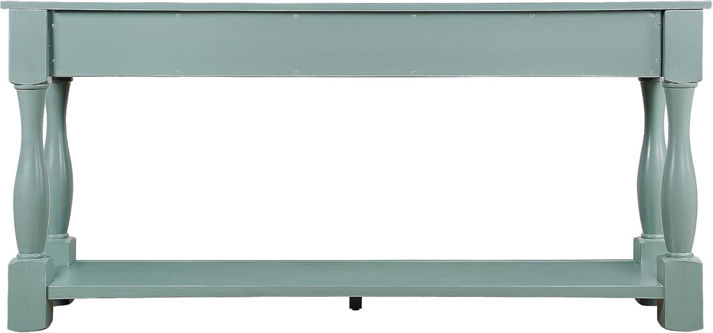 Merax Retro Console Table with 4 Drawers for Entryway, Sofa Table with Open Storage Shelf, Wood Side Table with Thick Legs for Living Room Bedroom, Retro Blue