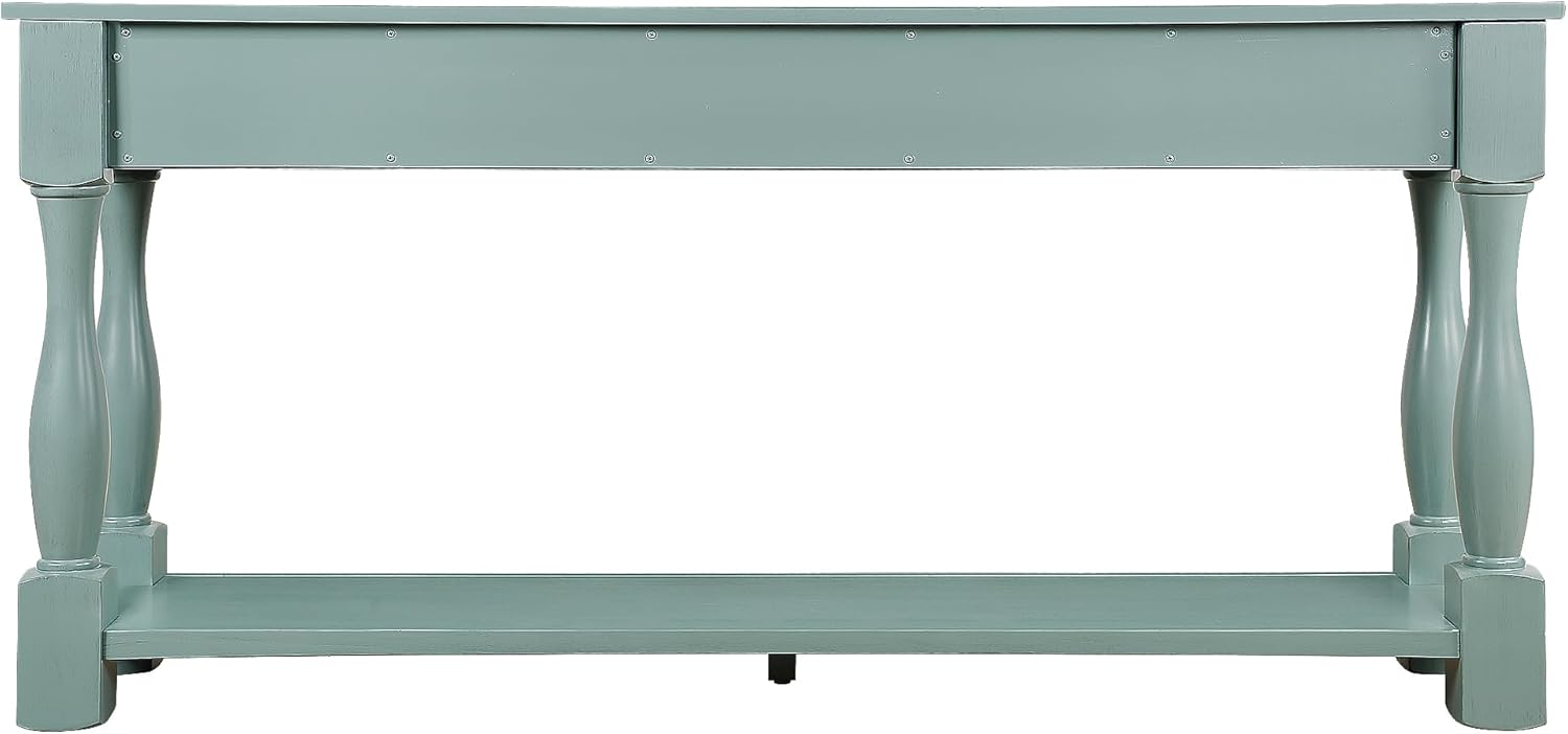 Merax Retro Console Table with 4 Drawers for Entryway, Sofa Table with Open Storage Shelf, Wood Side Table with Thick Legs for Living Room Bedroom, Retro Blue