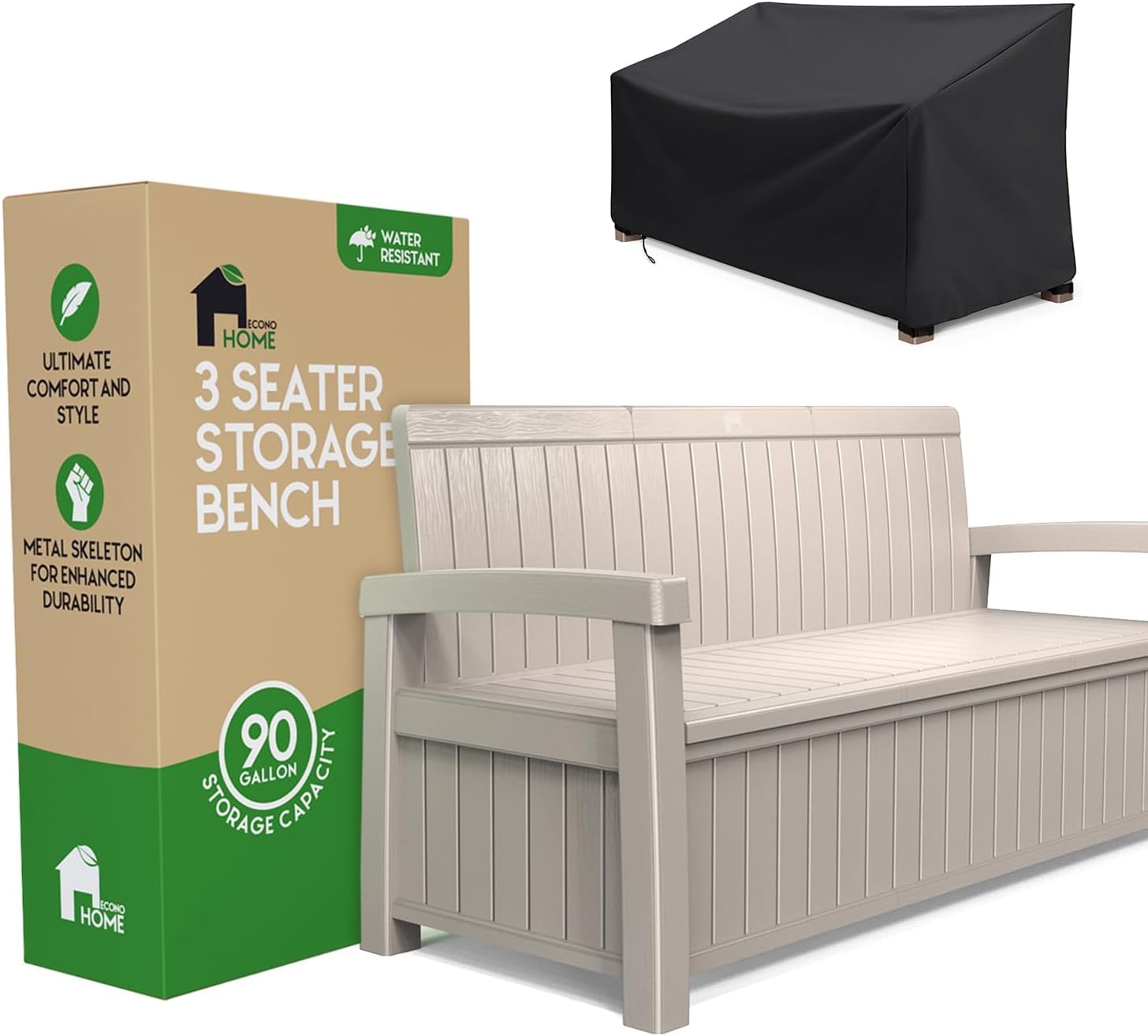 EconoHome 3 Seat Outdoor Storage Bench with Rain Cover - 90 Gallon Capacity - Weatherproof Resin Bench for Patio, Porch, Garden, Yard, Pool Area