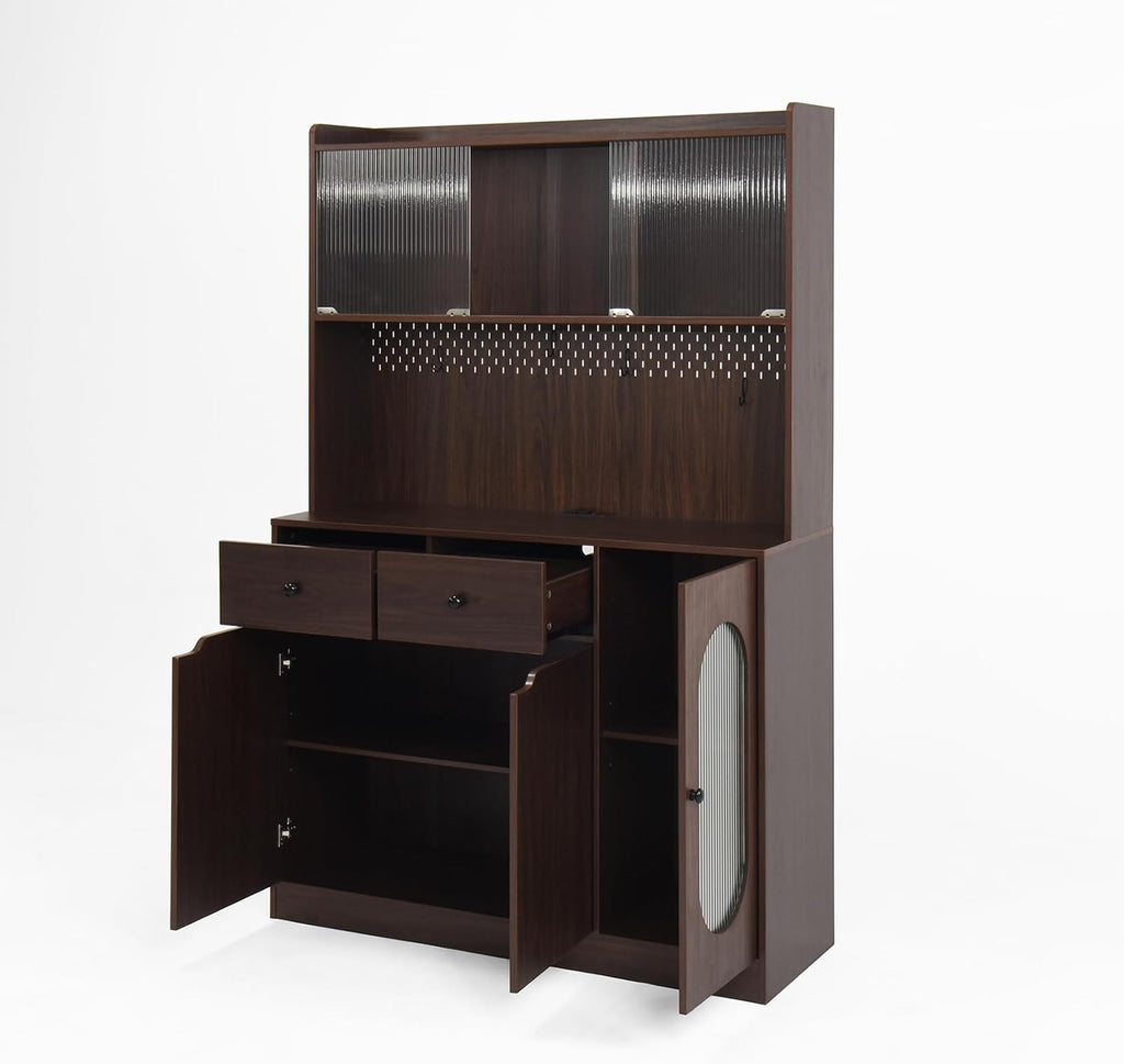 71" Freestanding Kitchen Pantry, Large Dish Storage Cabinet with Fluted Glass Doors and Microwave Stand for Kitchen, Dining and Living Room Walnut
