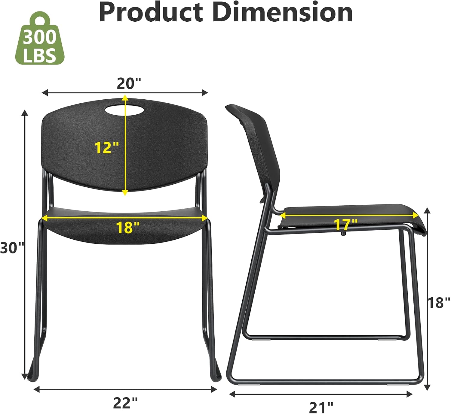 Stacking Chairs Set of 4, Plastic Waiting Room Chair with Sled Base, Stackable Office Guest Reception Chairs No Wheels for Break Rooms and Conference Rooms Black