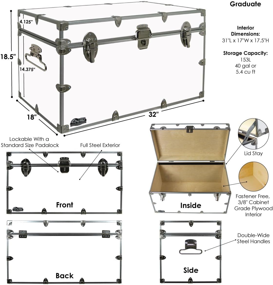 C&N Footlockers - XL Graduate Storage Trunk w/Cable Lock - Made in the USA - STEEL Footlocker for College Dorm Room & Summer Camp - 32 x 18 x 18.5 Inches (Mint)