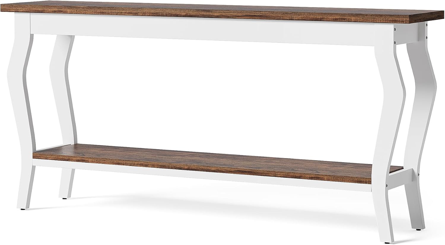 LITTLE TREE 70.9 Inches Long Console Table, 2-Tier Vintage Wooden Sofa Table Behind The Couch with Metal Legs for Hallway, Entryway, Living Room, Brown & White