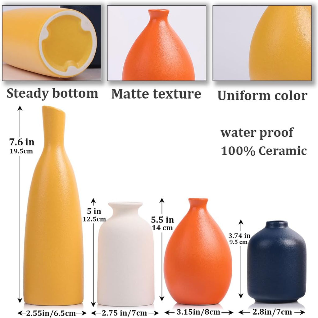 Colorful Ceramic Bud Vases Set of 4 - Modern Yellow, Orange, Blue Small Vases for Home Decor - Ideal for Living Room, Kitchen, Office, Bathroom, Mantle, Entrance, Farmhouse & Coffee Table Decorations
