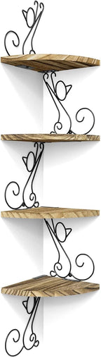 Alsonerbay Wall Mount Corner Shelves 4 Tier Floating Corner Storage Wood Shelves Decorative Rustic Radial Shelf in Cat Shape Carbonized Black