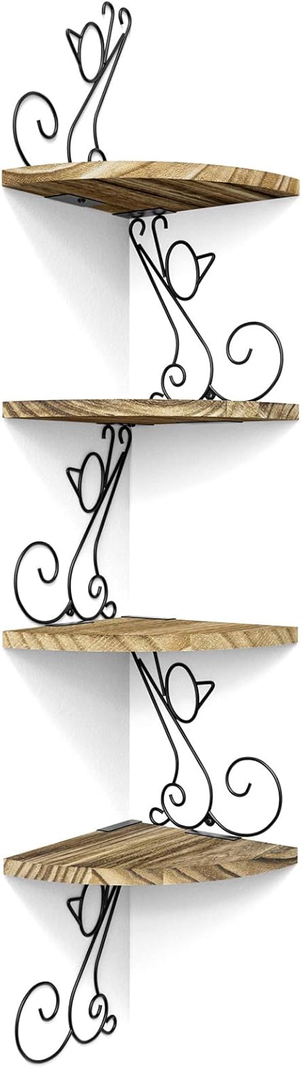 Alsonerbay Wall Mount Corner Shelves 4 Tier Floating Corner Storage Wood Shelves Decorative Rustic Radial Shelf in Cat Shape Carbonized Black