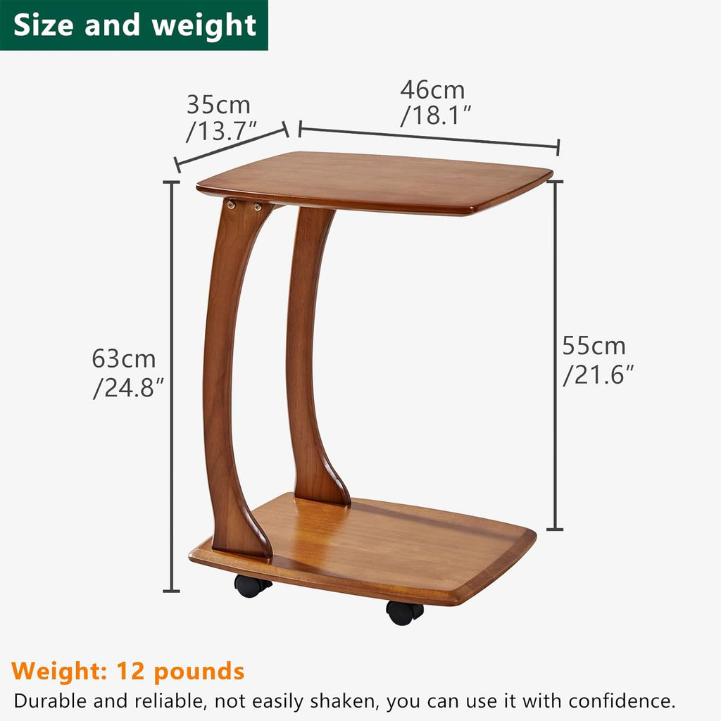 C-Shaped End Table with Wheels,Walnut Color(18.1" Dx13.7 W x24.8 H) | Rolling Side Table,C Table with Wheels,TV Tray Table,Couch Table that Slide Under for Living Room,Bedroom