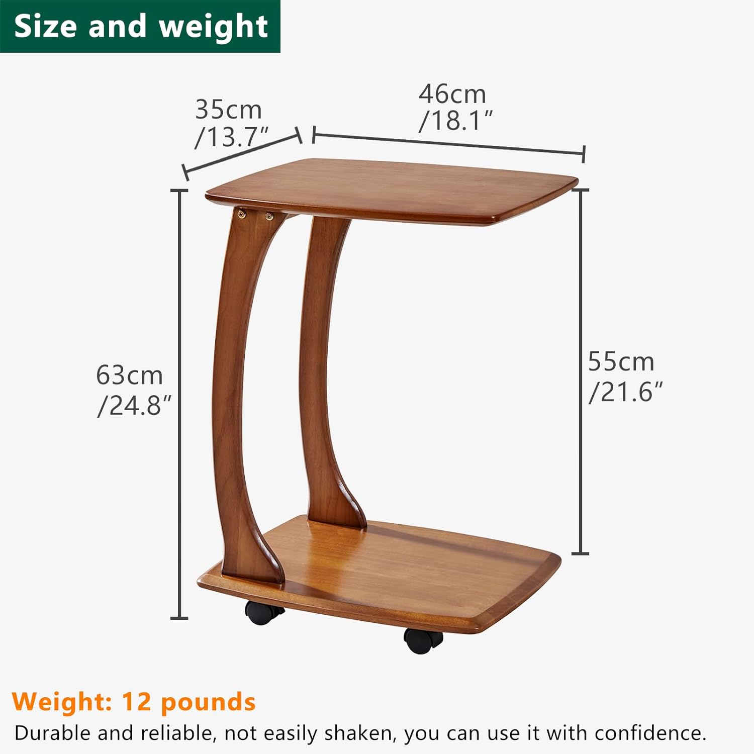 C-Shaped End Table with Wheels,Walnut Color(18.1" Dx13.7 W x24.8 H) | Rolling Side Table,C Table with Wheels,TV Tray Table,Couch Table that Slide Under for Living Room,Bedroom