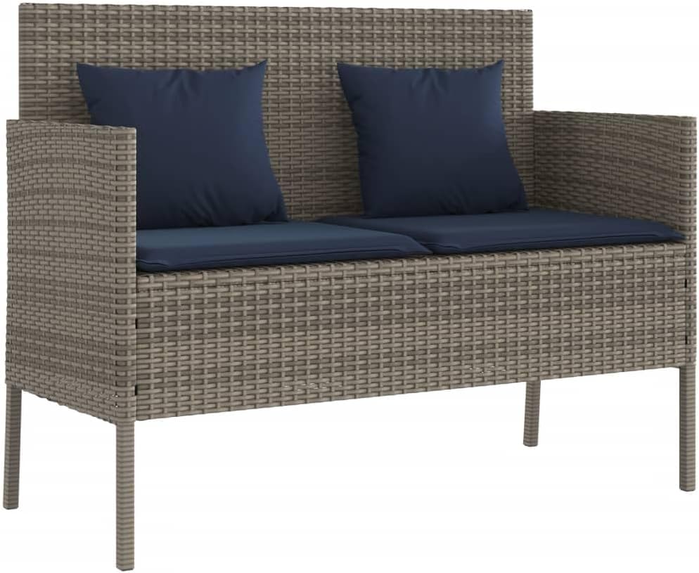 Gray Poly Rattan Patio Storage Bench with Cushion, Outdoor Seat with Waterproof Bag for Cushions and Towels