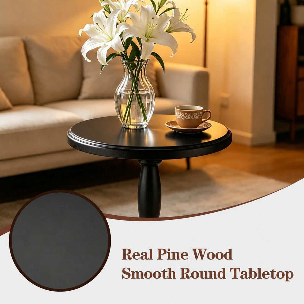 SANY DAYO HOME 12" Real Wood Round Drink Table, Small Pedestal Side Table with Decorative Beaded Design, Accent End Table for Living Room and Bedroom, Black