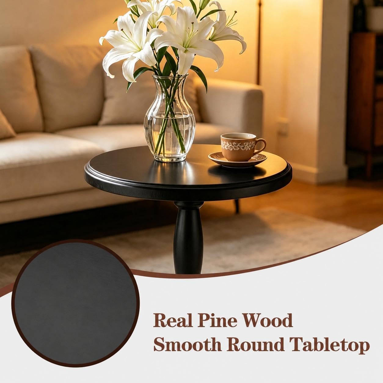 SANY DAYO HOME 12" Real Wood Round Drink Table, Small Pedestal Side Table with Decorative Beaded Design, Accent End Table for Living Room and Bedroom, Black