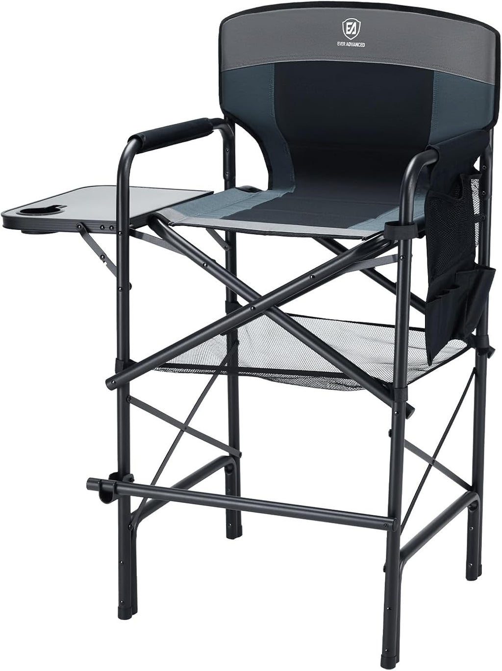 EVER ADVANCED 30.7" Seat Height Tall Directors Chair with Side Table, Foldable Bar Stool & Camping Chair for Makeup Artist, Sports Events and Craft Shows, Supports 350lbs, Grey/Black