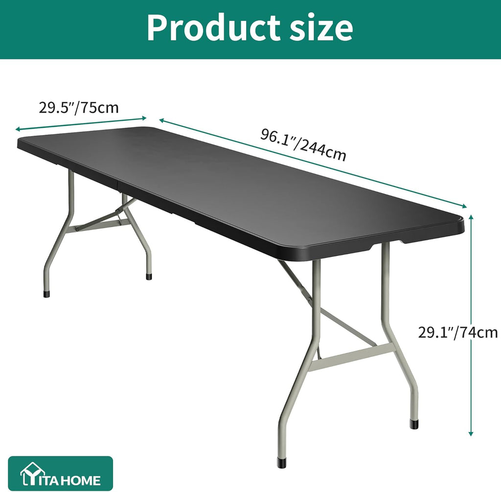 YITAHOME Black Folding Table, Heavy Duty Rectangular Folding Table 8 Ft Long, Plastic Portable Table for Outdoor Indoor Banquet Party Wedding Event Dining Setup
