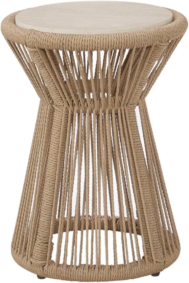 Penau Beige Rope Accent Side Table, Handwrapped Cylindrical Rope Design, Coastal Boho Accent Table for Living Room Bedroom Patio, 15.25 x 15.25 x 22.5 Inchs