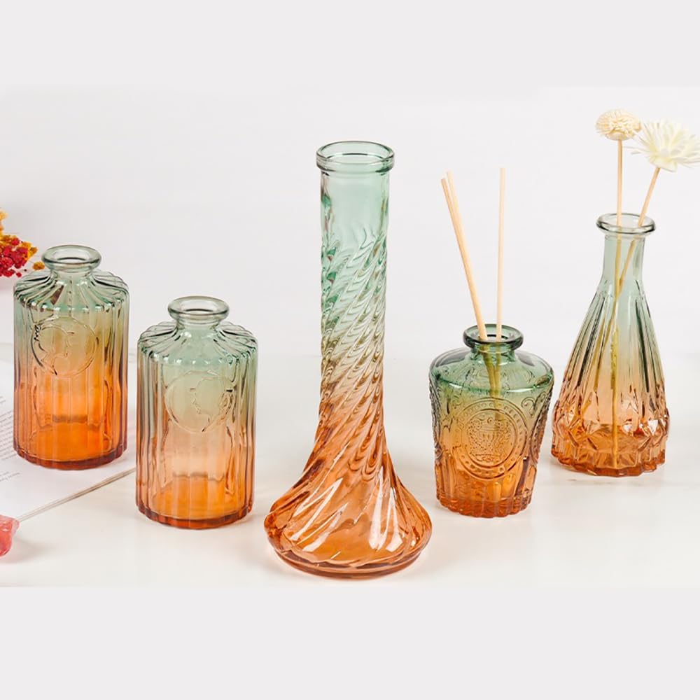 Glass Bud Vases Set of 5, Decorative Glass Bottles, Retro Gradient Color | Mini Vases for Tabletop Centrepiece Decor, Wedding Party Reception, Home Dining, Cafe, Restaurant(Orange to Green)