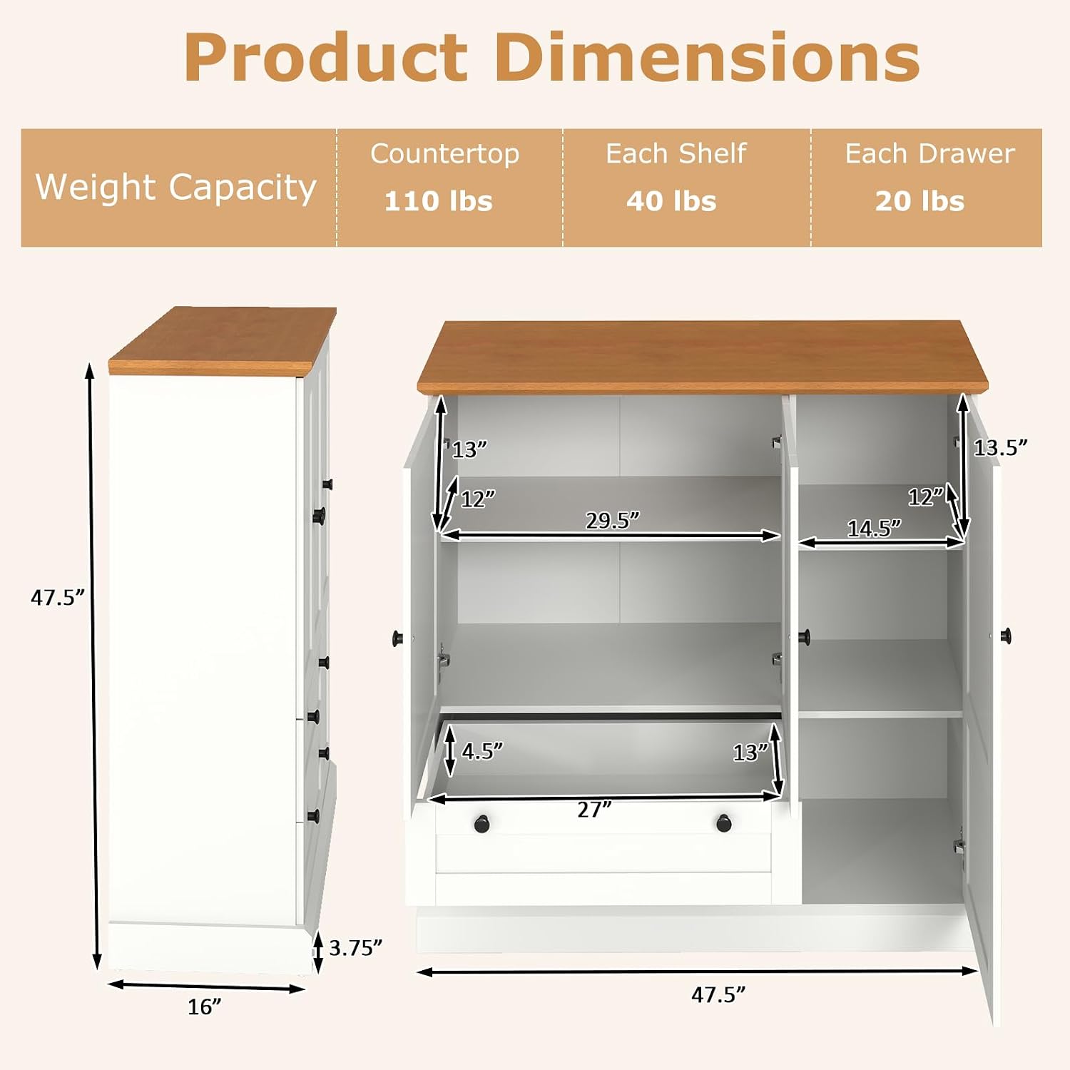 Buffet Cabinet with Storage, 47.5” Modern Sideboard with 3 Doors & 2 Drawers, Credenza for Living Room, Wooden Coffee Bar Cabinet with Removable Shelf for Kitchen Dining, White