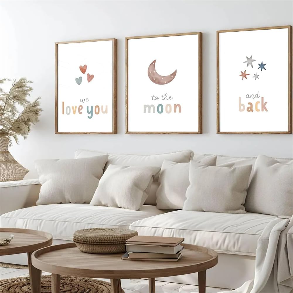 3 Pieces We Love You To The Moon And Back Poster Prints Wall Art Canvas Painting Framed Artwork for Living Room Above Crib Nursery Decoration with Inner Frame
