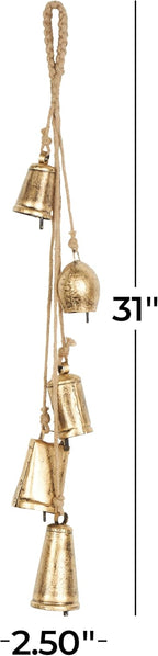 Deco 79 Golden Bell Cluster | Indoor Tibetan Inspired Cascading Meditation Bell With 5 Bells On Jute Hanging Rope Cowbells