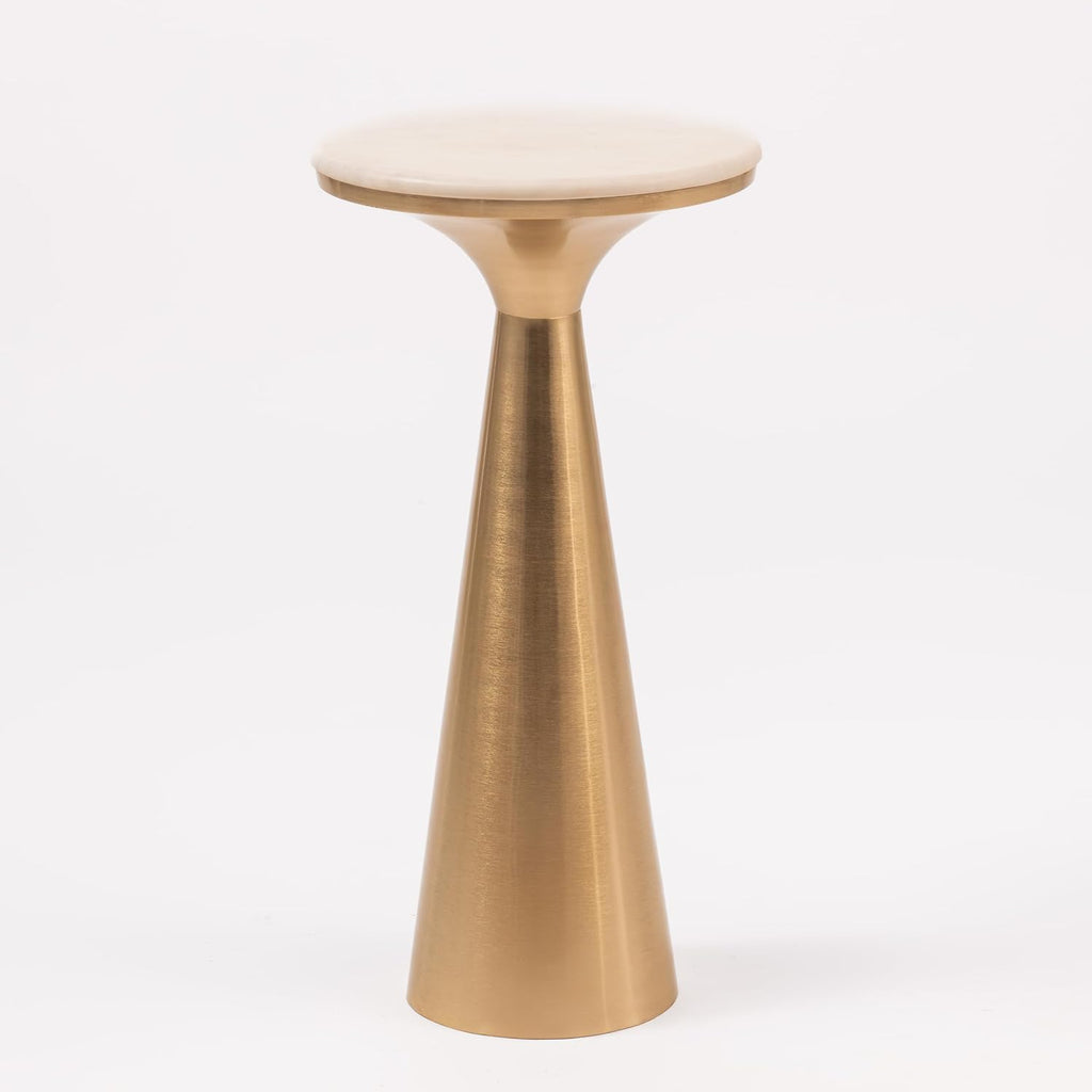 Modern White Marble Top Accent Drink Table with Brushed Gold Nickel Pedestal Base, Boho Circle Table, Decorative End Table, Use as Small Plant Stand for Living Room, Bedroom, or Entryway,Assembled