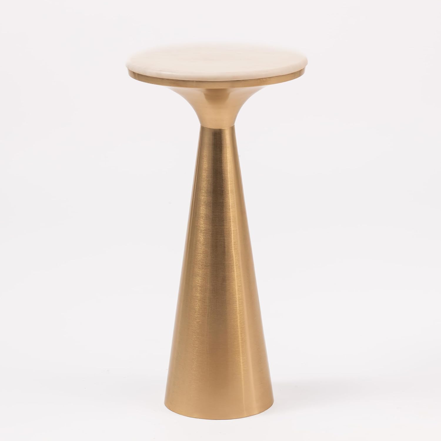 Modern White Marble Top Accent Drink Table with Brushed Gold Nickel Pedestal Base, Boho Circle Table, Decorative End Table, Use as Small Plant Stand for Living Room, Bedroom, or Entryway,Assembled