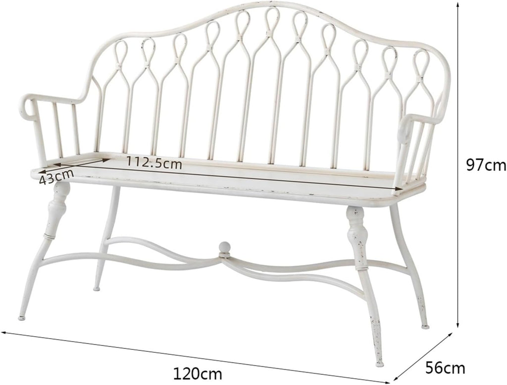 Garden 47.2-inch Outdoor Garden Bench with Backrest, Retro White Iron, Suitable for Terrace, Balcony, Backyard Seat