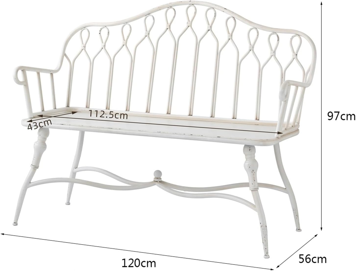 Garden 47.2-inch Outdoor Garden Bench with Backrest, Retro White Iron, Suitable for Terrace, Balcony, Backyard Seat