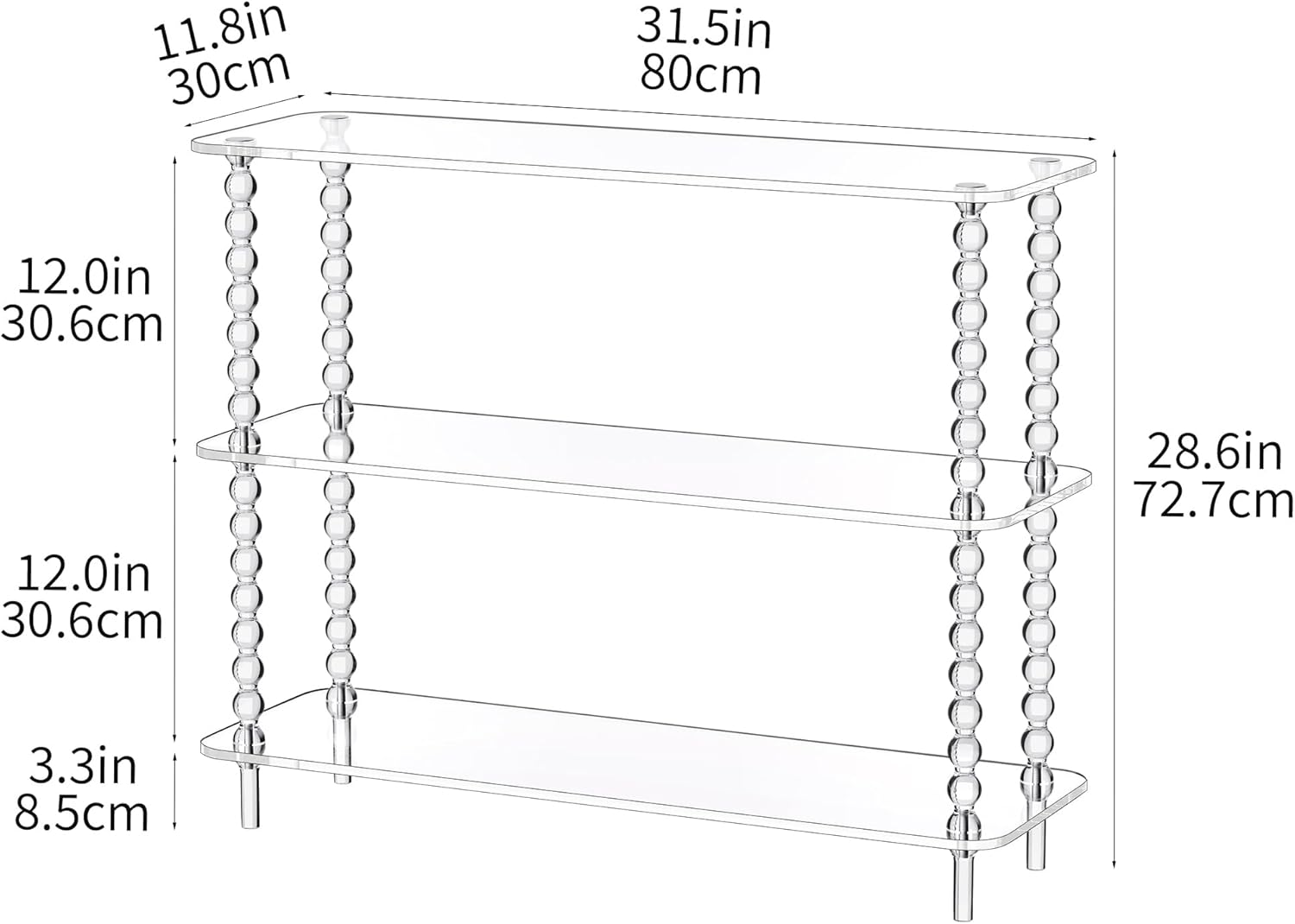 Acrylic Clear Console Table for Entryway, 3-Tier Sofa Table Bookshelf, Low Bookcase with Open Storage Shelves, (Clear, 31.5"×11.8“×28.6”)