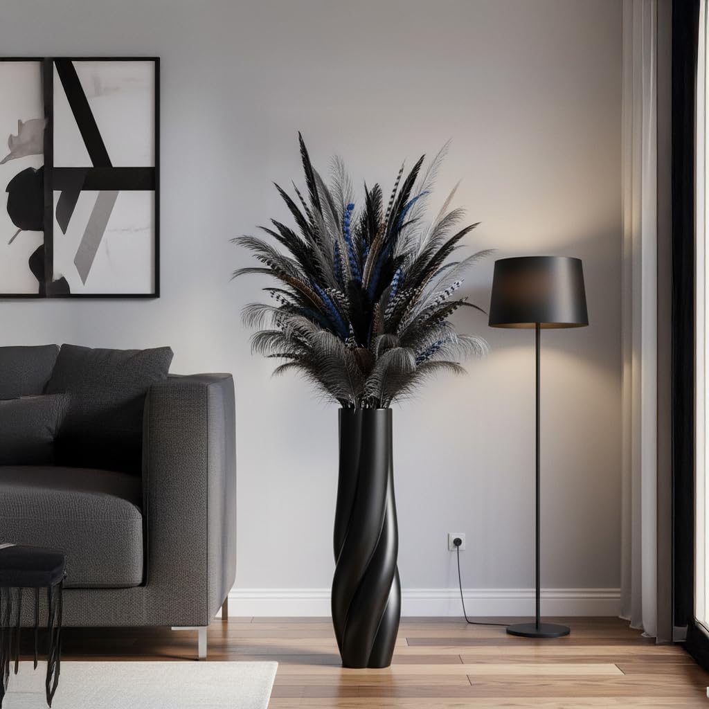 Modern Black Floor Vase, 24 Inch Tall Resin Home Decor Vases, Large Sturdy Vase for Living Room, Office, Bedroom Decor with 5" Opening for Dried Pampas Grass, Branches & Feathers