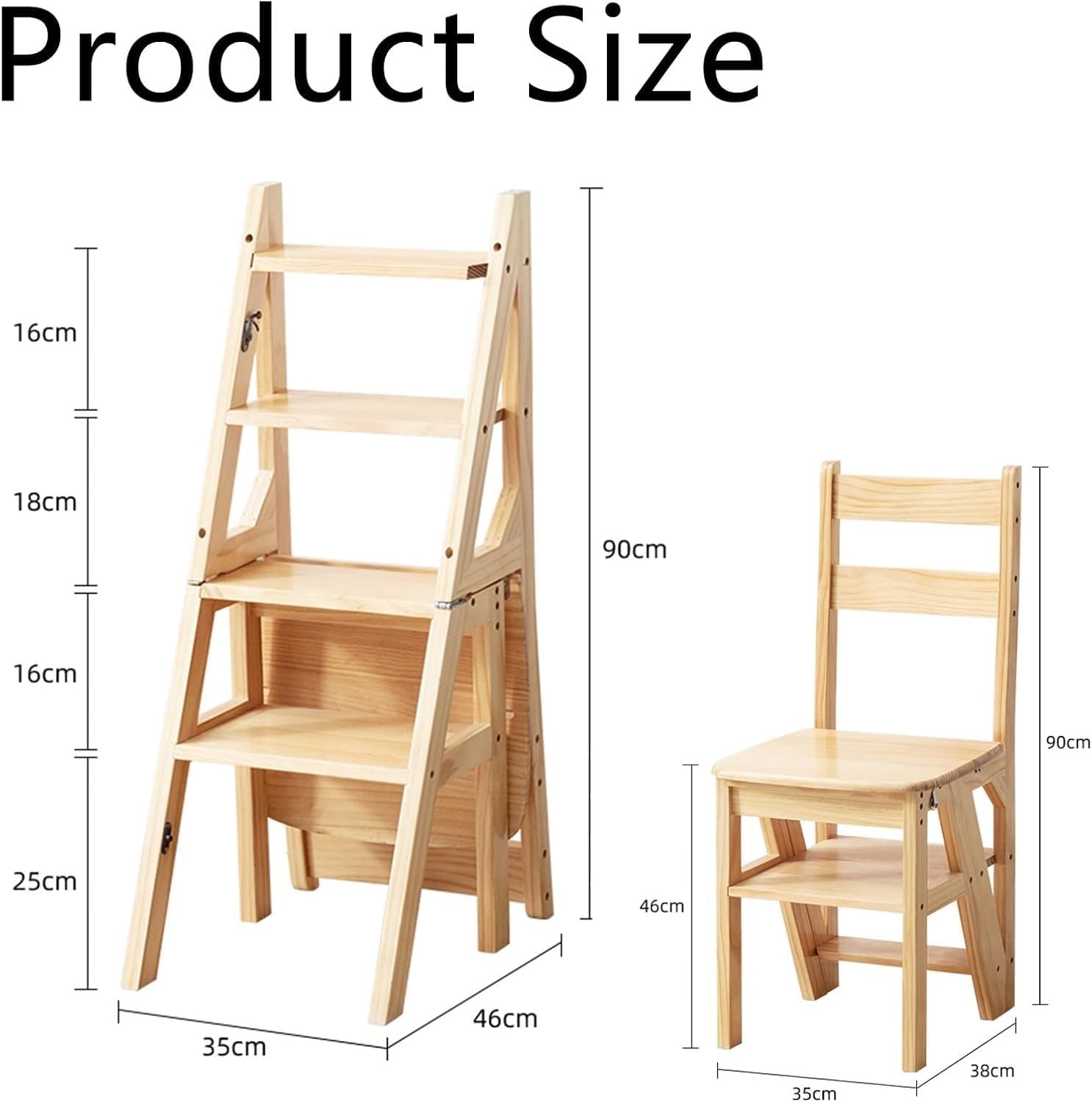Solid Wood Folding Library Ladder Chair Step Stool 4 Step Dual Purpose Stepladder Display Stand Flower Stand(Wood)