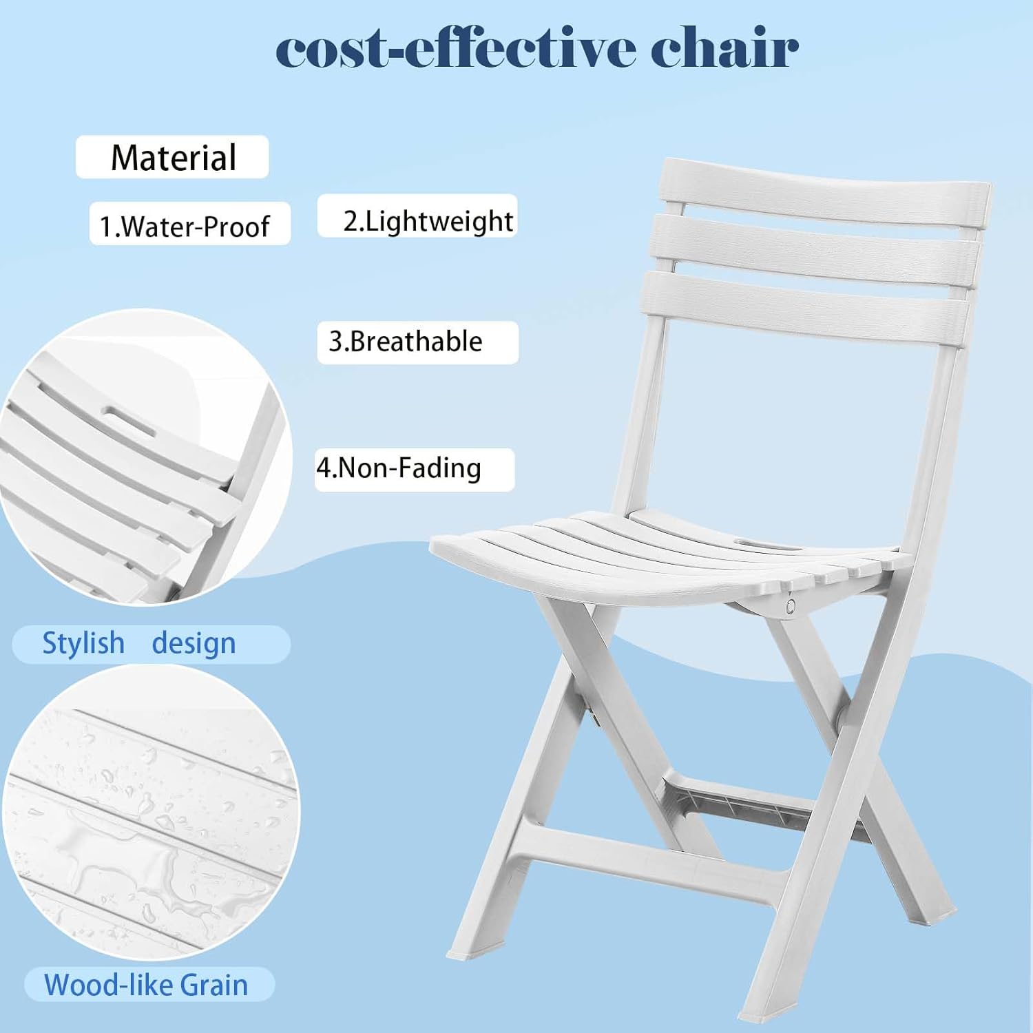 4 Pack Foldable Plastic Chairs, 300 LB Weight Capacity, Lightweight Waterproof Foldable Chairs for Patio, Garden, Beach, Balcony & Porch Indoor Outdoor Use(White×4)