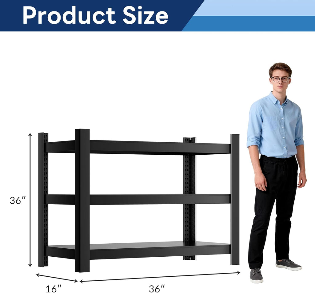 Wanfu Garage Shelving, 3 Tier Shelving Unit, 36" H x 36" W x 16" D Metal Storage Shelves, Adjustable Heavy Duty 3 Tier Shelf for Garage, Pantry, Kitchen, Basement-Black